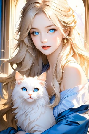 A very beautiful girl, (eyes are blue, vivid and bright, naturally long and dense eyelashes make the eyes more vivid and beautiful, incomparable), beautiful golden silky long wavy moist hair, elegant woman holds a white cat, (shiny moist hair reflects light and shadow), ((monochrome: 1.4)), stylish own room is the background, ((masterpiece: 2.5)), medium shot, shoulders exposed, expression that captivates the viewer, ((stunning image: 1.5)), ink painting style, official art. Masterpiece