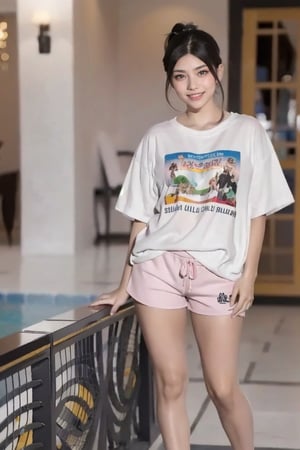 (masterpiece, best quality, ultra-detailed, 8K),Cute 16 year old girl, fashion magazine cover shoot, from bottom, full body, posing for the camera, (wearing white very long T-shirt and pink shorts), no make-up, pale skin, plump cheeks and lips, (natural expression), (smiling face), (black eyes), perfect proportions, stylish, (silky black hair in ponytail), background is a bright room with ethnic design in a luxury hotel in Bali, correct five fingers, correct hands, physiologically correct body