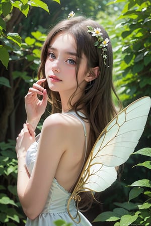 A soft golden light filters through the leaves of an ancient tree, illuminating the delicate features of a fairy princess holding a flower in her hand. She floats in mid-air, surrounded by lush greenery and vibrant flowers. The transparent wings on her back shine like glass, her porcelain skin gleams with a subtle sheen, and her noble features, radiant smile and large eyes are accentuated with tiny, starry highlights. Her long golden hair cascades down her back, and her shimmering wings spread out like a fan of delicate petals. Verdant ivy vine leaves decorate the background. The air is filled with a mystical aura, almost enchanting. Her beauty is elevated to a higher level, making her a living embodiment of beauty and enchantment. 5 fingers, 2 limbs, masterpiece, ultra detailed, high resolution, 8K, HD, realistic rendering, reality-based rendering, Unreal Engine, intricate details, (denoising), solo, Detailedface, realism, raw photo, photo, photorealism, photography, 1 girl, young beauty spirit, world's best face, Enhance, Detailedface, perfect, 1 girl, (8k sharp focus), ultra photorealism, detail, masterpiece, color booster, on the road, ((photography_light)), European girl, (face make_up), epiC35mm, (facing front: 1)