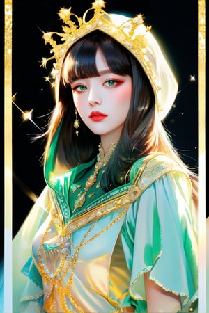 (masterpiece, best quality, ultra-detailed, 8K), Mysterious and dreamy photo, Goddess-like beautiful woman, upper body, emerald robe with gold-edged hood, beautiful face, high bangs, high key photo, epiC35mm,