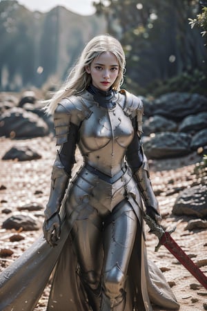 (masterpiece, authentic, 16K), girl in armor, slender body, (full body image), (holding a sword and looking at you), striking white skin, no cheeks, chestnut hair, thin eyebrows, (a white wolf with red eyes is next to her), transparency, three-dimensionality, complex future city background, ultra-realistic photography, exquisite details and textures, (wind: 0.5), vivid light and shadow grain, color 66mm film, 350mm lens, shallow depth of field, chrome film, Lomography, blurry film grain, movie scene, movie lighting, fractal art, two limbs, five fingers, CGDivineSwordsw,xuer plate armor