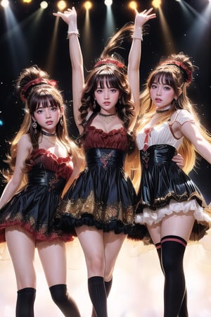 A masterpiece, ((Three slender and cute 16-year-old female idols)), in frame, whole body, beautiful faces and hairstyles with different personalities, (They smile and sing while dancing boldly on the stage with their arms open), bright cocktail lights illuminate them, they turn their eyes to the audience and sing with gentle smiles. Their faces look happy, and their hair is swaying. ((Red and black mini frill dresses and black knee-high socks)). (Their big, shapely and captivating eyes shine with highlights in their eyes, their shapely noses, plump cheeks and lips make them perfect beauty), their high bangs and white skin shine with delicate touches. Earrings, necklace, (The bright golden lighting shining from behind highlights her vitality and presence). A picture that feels the beat