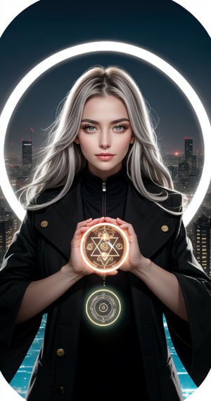 A beautiful witch with long silver hair with highlights, fair skin, big eyes, lip fillers and a black coat with shiny silver lines is casting a powerful spell. Her eyes are glowing with magical energy.

She holds both palms in front of her chest, facing the viewer ((creating a circular magic circle with holographic hieroglyphic characters inscribed on it)). Her fingers are elegantly positioned in a casting gesture. Multiple layers of complex magic circles appear in the air, and blue particle energy swirls around the magic circle. The background is a futuristic cityscape with skyscrapers at night. This scene combines high-tech elements with mystical magic, and the special blend of magic and fantasy creates a fascinating world. (Physiologically correct body), (correct five fingers), (correct two limbs)