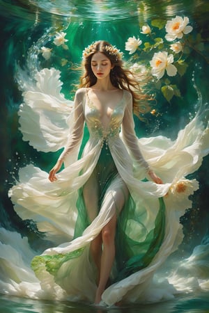 Masterpiece, highest quality, realistic oil painting, beautiful 16-year-old goddess, full body figure, walking in a dome of soaring water currents, emerald green long dress, white robe, flower hair ornament, fantastic fantasy, fractal art, long legs, perfect proportions, beautiful and perfect hands, long hair with chestnut mesh, well-proportioned round face, well-proportioned large eyes, sparkling eye highlights, plump glossy lips, white skin, solo, digital art, digital illustration, finely crafted details, (noise reduction), (physiologically correct body), (correct five fingers), (correct hands)