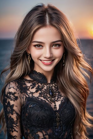(Top quality, 8K, high resolution, masterpiece), Ultra detailed, (20-year-old woman with wild face with perfect details standing on the deck of a cruiser), (Upper body), Natural beautiful white skin, (Placing hands on the railing, squinting and smiling, looking into the distance), Round face, Light makeup, Dark brown eyes with highlights, Lip filler, Gorgeous gold earrings and necklace, Perfect body lines, Detailed glossy lips, ((Blonde mesh hair flowing in the wind)), Wearing a beautiful black dress with details that catch everyone's eye, The sea and sky dyed in a deep red sunset in the background, (Accurate anatomy), Perfect hands, HD, Shallow depth of field,
