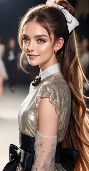 In this exquisite masterpiece, a super-detailed 8K illustration of a 16-year-old girl walking down a fashion runway, her beautiful, shiny soft chestnut hair frames her smile. Her round face radiates warmth, her large, well-defined eyes highlight the pupils and her gently shaped eyebrows. She has a plump nose and lips on top of her pale skin. She strides along wearing Chanel's latest designer dress with a large black bow in the latest colorful pattern, and sparkling oversized accessories. The artwork is full of delicate and colorful touches, reflecting the magical existence of the girl through her vitality and lively expression. Sparkling, fantastical lighting illuminates the scene, making it seem as if you are immersed in the magic of the movie.