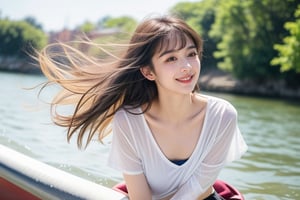 (Front view), (A cute 18-year-old Russian girl is on a cruiser moving on the water, her supple silver hair blowing in the wind), with a captivating profile, squinting her eyes and gazing at the horizon. Gentle smile, high bangs, gentle smile. Her large, well-shaped eyes sparkle with highlights, gently shaped eyebrows, round nose, plump cheeks and lips, and her skin shines with a delicate touch on a summer day. The sunlight shines on her white skin, and the swimsuit she wears under her T-shirt is transparent, and her lively expression gives off a magical presence. Perfect hands, HD, digital art, digital illustration, 350mm telephoto, shallow depth of field, blurred background, realistic rendering, Unreal Engine, meticulously crafted details, (noise reduction), ((45 degree body, detailed face, real hands, young beauty spirit)), (physiologically correct body), (correct five fingers), (correct two limbs)