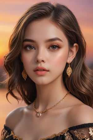 (Another World), High Quality, Splash Art, Cute 18 year old girl, Round face, Straight nose, Big bright eyes with highlights, Lip filler, Gorgeous gold earrings and necklace, Detailed glossy pink lips, (Roughly flowing chestnut and gold mesh hair), Off the shoulder black dress, Perfect body lines, Orange sunset background that flatters her, (Accurate anatomy), Perfect hands, HD, Digital Art, Digital Illustration, 350mm telephoto, Shallow depth of field, Blurred background, Realistic rendering, Unreal Engine, Exquisitely crafted details, (Noise reduction), 45 degree body, Detailed face, Real hands, Spirit of youthful beauty,