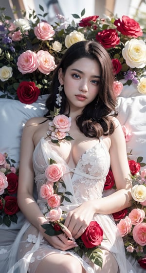 (masterpiece, best quality, ultra-detailed, 8K),Cute 16-year-old girl, fashion magazine cover shoot, princess image, from above, upper body, (she is lying on her back on the bed in a white royal princess dress), ((her surroundings are filled with colorful flowers)), surrounded by so many flowers that there is no space between them, posing for the camera, (not nude), no make-up, white skin, plump cheeks and lips, (natural expression), (smiling face), (black eyes), perfect proportions, (smooth black hair), sharp focus, digital rendering, (beautiful five-fingered hands), physiologically correct body