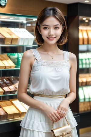 A slender and cute 16-year-old girl, ((looking at us with a smile)), full body view, she is standing in front of a glass display case with a Starbucks coffee in both hands, (((smile))), sleeveless neat blouse, stepped white tiered long skirt, gold string pochette slung diagonally over her shoulder, braided sandals, low angle, perfect proportions, round and neat short bob hair, beautiful skin, bright almond-shaped eyes, thin soft eyebrows, round and neat face, detailed pupils with highlights, lip filler, detailed glossy lips, beautiful and perfect hands, HD, shallow depth of field, digital art, digital illustration, 350mm telephoto, shallow depth of field, out of focus background, realistic rendering, (physiologically correct body), (correct five fingers), (correct two limbs)