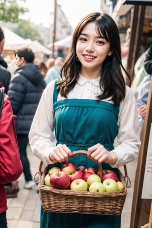 1 girl, happily walking through a French morning market marché with a bag of apples, smiling face, lively market, colorful vegetables, morning sun pouring down, shiny hair shining in the sun, emerald green eyes shining,