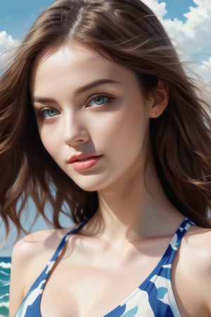 score_9, score_8_up, score_7_up, Raw photo, Breathtakingly beautiful 20 year old woman, Ultra realistic, HD, Perfectly shaped face, Beautiful big eyes, White skin, Perfect figure, Wearing a swimsuit, Pale smile, Beautiful long brown hair blowing in the wind, Digital art, Detailed watercolor painting