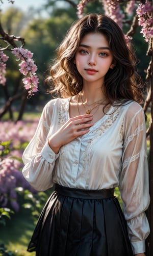 (16K, Raw Photo, Best Quality, Masterpiece: 1.2), Sexy and cute 18 year old Ukrainian woman, (((Full Body))), Face is looking at flowers at a 45 degree angle, Smiling, ((Wearing a long dress shirt, lace skirt with detailed embroidery)), ((Flat Chest)), Fluffy curly hair like golden mesh fluff, glittering hair, Enchanted in the bright sunlight of a spring park, Amazing wisteria flowers blooming in the background, {Beautiful and detailed eyes}, Delicate facial features, Simple and small earrings, Necklace, Flimgrain, (Beautiful and big eyes), Well-proportioned face, Well-proportioned eyes, Sparkling Highlights in the Eyes, Glossy lips, White skin, Realistic hands, Photorealistic, Ultra-detailed, Finely detailed, High resolution, Perfect dynamic composition, Digital art, Digital illustration, 350mm telephoto, Shallow depth of field, Out of focus background, Realistic rendering, Unreal Engine, Finely crafted details, (Noise removal), (Physiologically correct body), (Correct 5 fingers), (Correct 2 hands)