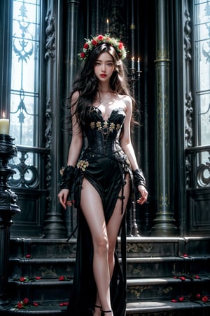 1girl, solo, long hair, breasts, black hair, hair ornament, dress, bare shoulders, very long hair, standing, full body, flower, artist name, indoors, hair flower, lips, strapless, rose, watermark, web address, corset, stairs, realistic, arms at sides, red lips, candle, pillar, candlestand, column, candlelight