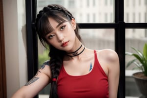 1girl, solo, long hair, breasts, looking at viewer, bangs, bare shoulders, jewelry, medium breasts, closed mouth, blue hair, upper body, braid, choker, shiny, indoors, pink eyes, necklace, nail polish, mole, blurry, shiny hair, twin braids, lips, crop top, window, tattoo, makeup, blurry background, black choker, pink nails, freckles, nose, asymmetrical bangs, red lips, arm tattoo, shoulder tattoo, mascara, jinx \(league of legends\)