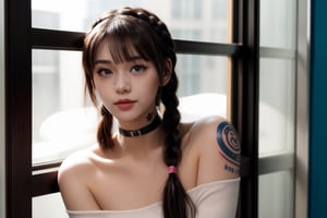 1girl, solo, long hair, breasts, looking at viewer, bangs, bare shoulders, jewelry, medium breasts, closed mouth, blue hair, upper body, braid, choker, shiny, indoors, pink eyes, necklace, nail polish, mole, blurry, shiny blue hair, twin braids, lips, crop top, window, tattoo, makeup, blurry background, black choker, pink nails, freckles, nose, asymmetrical bangs, red lips, arm tattoo, shoulder tattoo, mascara, jinx \(league of legends\)