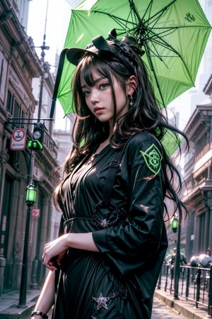 Masterpiece, Best quality, Photorealistic, Ultra-detailed, finedetail, high resolution, 8K wallpaper, anime girl in a black dress with a green umbrella, artwork in the style of guweiz, made with anime painter studio, fine details. girls frontline, painted in anime painter studio, demon slayer rui fanart, anime visual of a cute girl, anime girl wearing a black dress, by Jin Homura, anime visual of a young woman, girls frontline cg