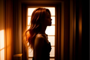 1girl, solo, long hair, standing, cowboy shot, orange hair, from side, silhouette, dark,Hot_Figure,8K,Cinematic_View