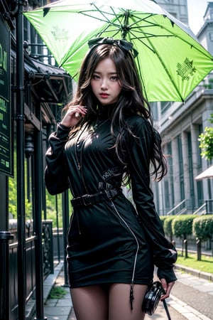 Masterpiece, Best quality, Photorealistic, Ultra-detailed, finedetail, high resolution, 8K wallpaper, anime girl in a black dress with a green umbrella, artwork in the style of guweiz, made with anime painter studio, fine details. girls frontline, painted in anime painter studio, demon slayer rui fanart, anime visual of a cute girl, anime girl wearing a black dress, by Jin Homura, anime visual of a young woman, girls frontline cg