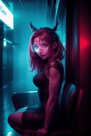 makima sitting on chair , portrait_style , (portrait) , smile , red_hair , ((red_eyes)) , red_theme_background,redneonstyle,wide angle lens, photo of awoman at the cyberpunk,
wearing cyber dress, city view, shot with kodakportra 160 film,
vintage color grading --ar 16:9, colorful buildings around, warm red and blue lights fog, ((portrait)), daylight foggy glowing city boards, facing_viewer, cyberpunk glasses, Full body View, Close up