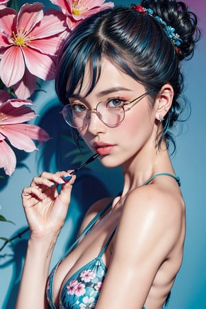 1girl, solo, looking at viewer, short hair, bangs, hair ornament, jewelry, blue hair, upper body, flower, earrings, glasses, hair flower, hair bun, blue background, piercing, floral print, single hair bun, red flower, ear piercing, round eyewear, tinted eyewear, pink-tinted eyewear