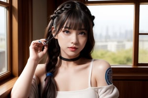 1girl, solo, long hair, breasts, looking at viewer, bangs, bare shoulders, jewelry, medium breasts, closed mouth, blue hair, upper body, braid, choker, shiny, indoors, pink eyes, necklace, nail polish, mole, blurry, shiny blue hair, twin braids, lips, crop top, window, tattoo, makeup, blurry background, black choker, pink nails, freckles, nose, asymmetrical bangs, red lips, arm tattoo, shoulder tattoo, mascara, jinx \(league of legends\)