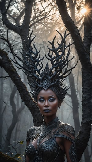 A statuesque beauty stands majestically before a dark mystical forest, her extraordinary obsidian-toned complexion glowing like an otherworldly beacon amidst the eerie gloom. The setting sun's rays cast dramatic shadows across her face, accentuating the intricate textures of her features as she commands the low-angle shot framed by twisted tree branches and misty fog.