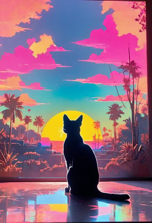 cat viewing a full sun, morning centered, Cyberpop, gouache, cow-boy shot, Simulation, 100mm, Projection mapping, iridescent colors, abstract, glow stick lighting, 8K 