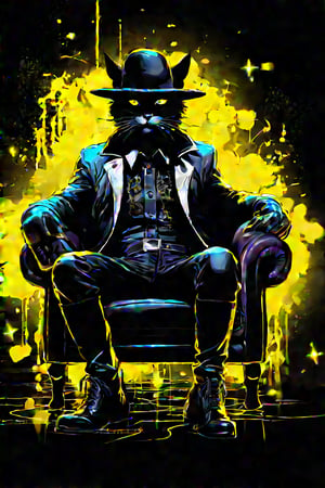 A cool black cat (male) in a hat and boots sits in a luxurious leather chair. Neon lemon+black background. Side view.
naiv + grunge comics+dark fantasy+laser lightning +glitter graphics+opal placer+laser splashes+white neon.