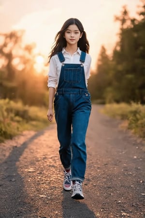 (((score_9, score_8_up, score_7_up, best quality, 4K, 8K, high-resolution, masterpiece, ultra-detailed, realistic, photorealistic))), 
(((1girl, solo, black hair, outdoors, shoes, sneakers, walking, sunset, running, realistic, sun, overalls))),(((high resolution, extremely sharp, ultra-real, extremely detailed, an ultra-realistic photograph captured with a Sony α7 III camera, equipped with an 85mm lens, depicting, The image, taken in high resolution.))) 