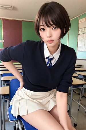 UHD, retina, Masterpiece, ccurate, Anatomically accurate., textured skin, super detaill, high detailed, High Quality, Award-Standing, Best Quality, high resolucion, 4k,Women over 20 years of age,adult woman,pixie cut, bangs,pantyshot、Panty charm、sexy panty,Beautiful Woman in Japan、beautiful asian woman、Beautiful Korean Woman、Sexual facial expressions,sexy poses,beautifull face,Black eyes,white skinned,small mouth,High cheekbones (definition), Sexy Pose,(leaning forward:1.3),((lifting their skirt up)), (realisitic:1.4), cowboy shots, 1 beautiful Japanese girl, supermodel, (sitting at the desk:1.1), (school uniformss:1.4), (skirtlift:1.6), (School Classroom Background:1.1),realhands,


 (lactation through clothes:1.1),nipples standing,small
 breasts,  small nipples, NSFW,
