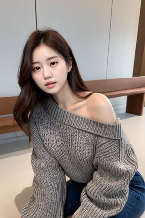 korean girl, 1girl, solo, sweater, sitting, looking at viewer, brown hair, off shoulder, brown eyes, long hair, breasts, off-shoulder sweater, bare shoulders, bench, lips, realistic, grey sweater, pants, sleeves past wrists, blurry, large_boobs