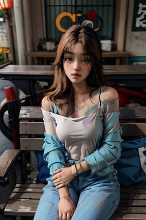 japanese girl, 1girl, solo, t_shirt, sitting, looking at viewer, brown hair, off shoulder, green eyes, long hair, big breasts, off-shoulder_shirt , bare shoulders, bench, lips, realistic, pants, sleeves past wrists, blurry, sexy