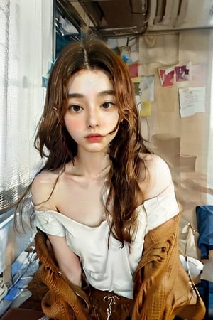 korean girl, 1girl, solo, t_shirt, sitting, looking at viewer, brown hair, off shoulder, brown eyes, long hair, big breasts, off-shoulder_shirt , bare shoulders, bench, lips, realistic, pants, sleeves past wrists, blurry, 