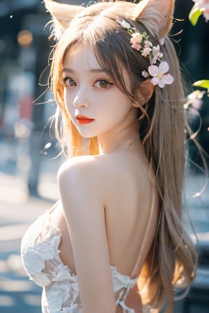 extremely detailed CG unity 8k wallpaper,masterpiece,best quality,ultra-detailed,best illustration,best shadow,an extremely delicate and beautiful,dynamic angle,{{{Animation}}},crayon painting,{cute},1girl,white hair,heterochmatic,red eyes and yellow eyes,LARGE BREAST,cat ears,{{{wide white outlines}}},{cute},Normal human body structure,full body,Cherry blossom background,spring,angle,1 girl