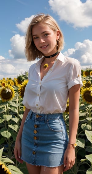 (realistic),18 yo blonde teen girl . Full lips. Eyes wide. Very short hair,  well-trained body,  sweaty skin,  short hair,  , big smile, choker
,((Casual button-up shirt))
, white blouse, white dress, unbuttoned shirt, (((surrounded by sunflower fields, blue sky, white clouds and beautiful sunflowers)))
, earrings, necklaces, garter rings