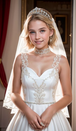 (realistic),((18 yo blonde teen girl . Full lips. Eyes wide. Very short hair,  well-trained body)),  sweaty skin,  short hair, Detailed skin texture, crystal clear
, Oily Skin , smile, sweaty skin
 , choker, , (((Pure white wedding dress,)))
,(((Princess gorgeous dress ))), Tiara, (((old castle))), blue gemstone earrings , ((A dress with embroidery and gorgeous decorations.))