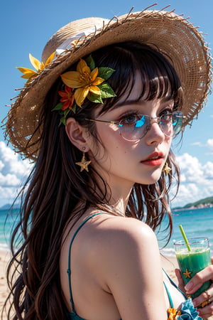 absurdres, highres, ultra detailed, 1girl, solo, extremely detailed eyes, starfish, seashell, shell, flower, hat, hair ornament, jewelry, straw hat, looking at viewer, sunglasses, hat flower, drinking straw, hairclip, earrings, red flower, tinted eyewear, yellow flower, bangs, english text, multicolored hair, orange flower, black hair, ring, cup, long hair, orange-tinted eyewear, food, brown hair, portrait, shell hair ornament