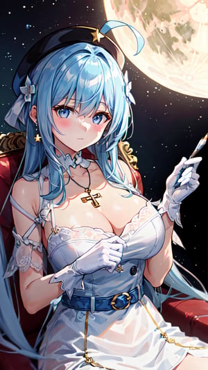 griseo, big breasts, look, solo, 1girl, upper body, big breasts, cleavage exposed, top quality, sky blue hair, holding paintbrush, white sleeves, painter's hat, saturn ring tiara, dusky hair, cross star necklace, left ear moon earring , star earrings in the right ear, pocket watch belt, blush, white gloves, a woman in white clothes sits on a blue sofa, the environment has a futuristic background and blue light