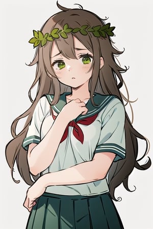 masterpiece, 1girl, brown hair, long hair, green eyes, leaf wreath, detailed, sleepy face, sailor uniform, school, messy hair, skirt