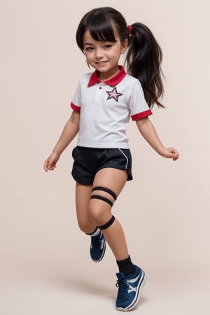 1girl, cute girl, chibi character, chibi. White background. dynamic pose (jumping), she wears a fancy sporting uniform (shirt, shorts, sneakers), long black hair, ponytail hairstyle. little body, full body character. masterpiece. she is happy, smiling. Himecut hairstyle, masterpiece, stars on the sides. loooking at viewer. Blush, tender smile.