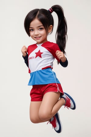 1girl, cute girl, chibi character, chibi. White background. dynamic pose (jumping), she wears a fancy sporting uniform (shirt, shorts, sneakers), long black hair, ponytail hairstyle. little body, full body character. masterpiece. she is happy, smiling. Himecut hairstyle, masterpiece, stars on the sides. loooking at viewer. Blush, tender smile.