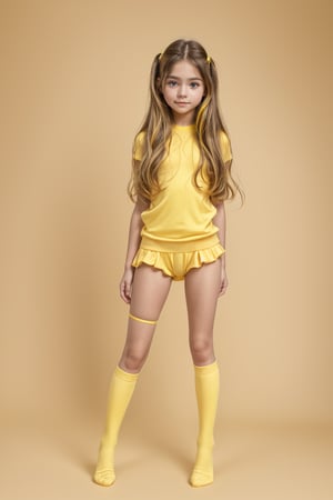 A young girl, around 11 years old, with a petite build and a mini-style, stands in alluring pose and the legs are slightly open. childish colorful wear with thigh high socks, looking down with a mixture of curiosity and embarrassment against a bright yellow background.(bright yellow background)(Beautiful face, 8K, HDR, Masterpiece, Hyperrealistic)