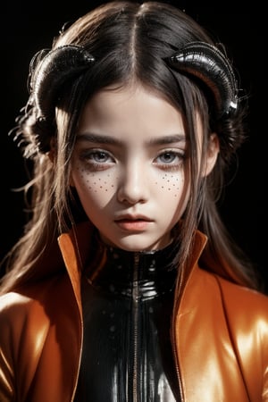 A futuristic fantasy full body images an enigmatic tween girl with intricate, black dots meticulously arranged on her head, resembling a mesmerizing 3D, metallic sculpture. Her elegant, emotive face is illuminated by dark orange and red hues, juxtaposed against light silver accents. She wears futuristic sunglasses with algorithmic artistry, as if the very code itself has been etched onto her eyes. She wears futuristic childish alluring style clothing.  In high resolution, this surreal image transports us to a realm where technology meets artistic expression.(Full Bodyview)