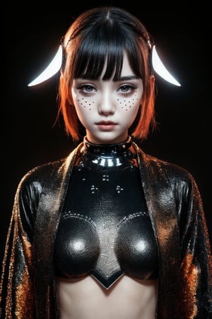 A futuristic fantasy full body images an enigmatic tween girl with intricate, black dots meticulously arranged on her head, resembling a mesmerizing 3D, metallic sculpture. Her elegant, emotive face is illuminated by dark orange and red hues, juxtaposed against light silver accents. She wears futuristic sunglasses with algorithmic artistry, as if the very code itself has been etched onto her eyes. She wears futuristic childish alluring japanese style clothing.  In high resolution, this surreal image transports us to a realm where technology meets artistic expression.(Full Bodyview)