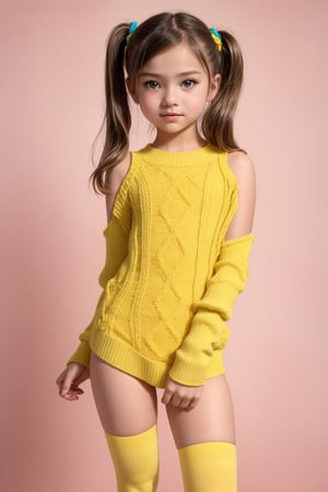 A young girl, around 11 years old, with a petite build and a mini-style, stands in alluring pose and the legs are slightly open. childish colorful wear with thigh high socks, looking down with a mixture of curiosity and embarrassment against a bright yellow background.(bright yellow background)voyeur