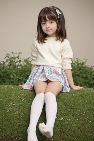 A serene and youthful portrait of a little girl. The camera frames her sitting comfortably, with her legs slightly parted, showcasing the vibrant floral pattern on her underwear beneath her short skirt. Knee-high socks add a pop of color, while her beautiful face shines with an innocent charm.