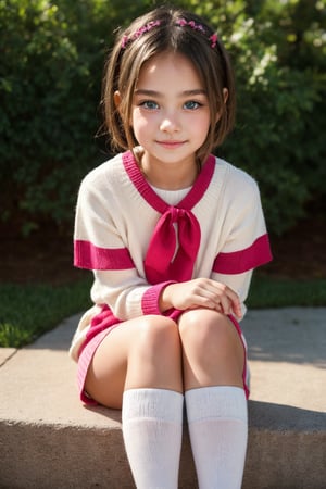 A captivating 11-year-old girl posing with poise, dressed in a vibrant everyday outfit featuring high socks. Her petite frame exudes elegance, as she showcases her toned physique and adorable facial features. Large, shining eyes sparkle with mischief, paired with a small, sweet nose and flawless skin. Delicate fingers and toes complete the charming portrait, set against a neutral background that lets her stunning beauty take center stage.