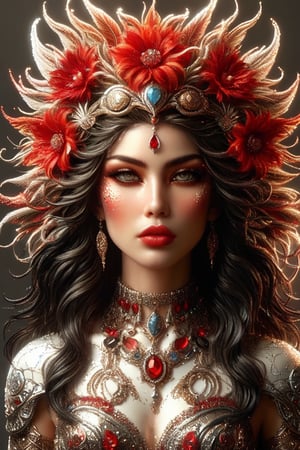 Create a highly detailed and realistic digital painting of a woman with an elaborate and intricate headdress. The headdress should be adorned with metallic elements, feathers, and vibrant red flowers. The woman should have long, flowing black hair and wear a matching ornate armor-like outfit. Her expression should be serene and regal, with subtle makeup emphasizing her eyes and lips. The overall style should be a blend of fantasy and steampunk, with a focus on fine details and textures.