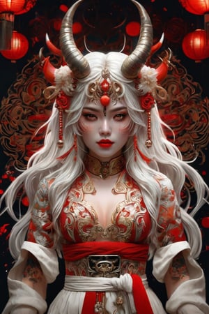 "Create a digital artwork of a beautiful young woman with long, flowing white hair. She is holding a traditional Japanese oni mask with red horns, partially covering her face. The woman has intricate tattoos on her arm and face, and she is wearing elegant, traditional Japanese clothing with detailed patterns. The background should be dark and mystical, with subtle glowing embers floating around. The overall atmosphere should be ethereal and mysterious."